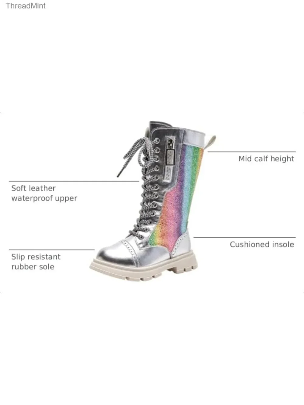 Girls Faux Leather Knee High Combat Boots Sparkly Rainbow Winter Lace Up Side